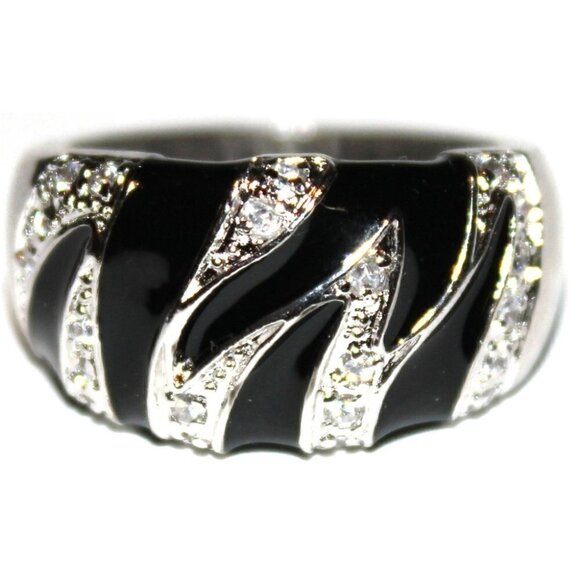 Womens Black Enamel Clear Cz Cubic Zirconia Zebra Striped Band Silver Ring 6 - Picture 1 of 4